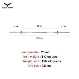 Straight Chrome Barbell 150 cm with Spin Lock Collars – Heavy Duty Quality
بار مستقيم كروم بطول 150 سم مع أقفال تثبيت – جودة عالية التحمّل