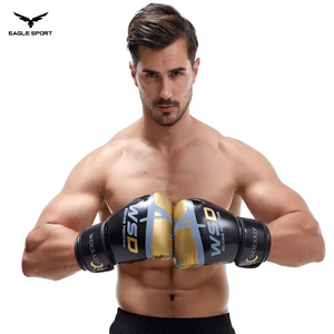 قفازات ملاكمة ماركة WOESAD – WSD احترافية للتدريب (أسود بلمسة ذهبية)
WOESAD – WSD Boxing Gloves (Black with Golden Touch) – Professional Training Gloves