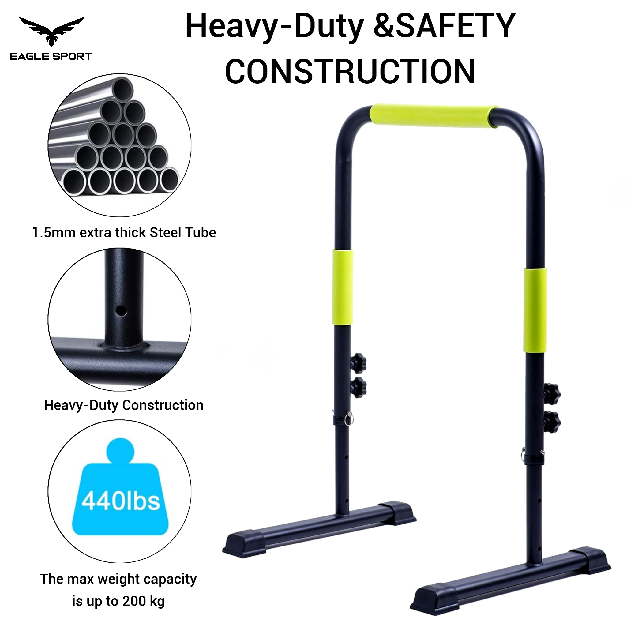 Adjustable Height Dip Bar
ستاند المتوازي – قابل لتعديل الارتفاع
