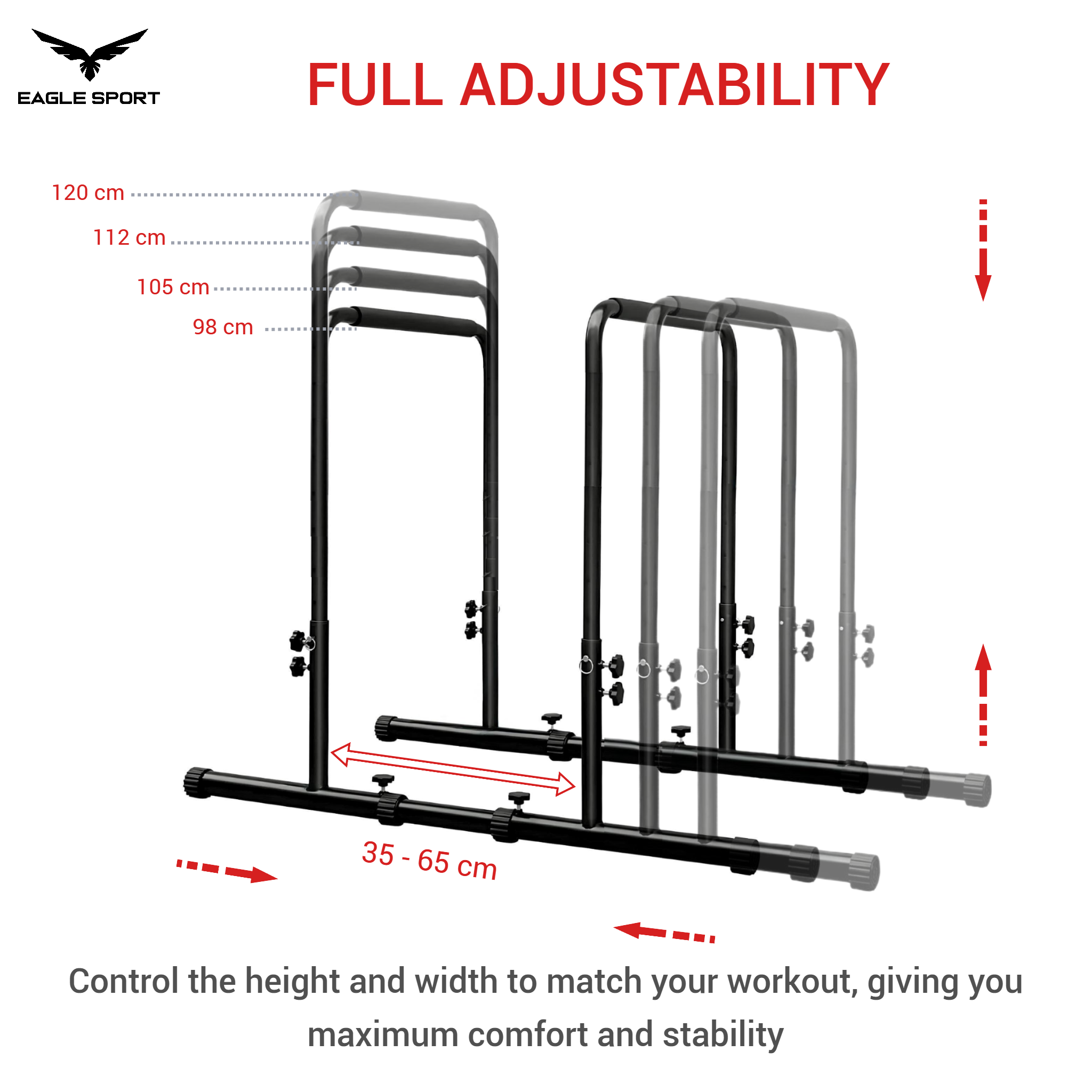 ستاند المتوازي الاحترافي مع وصلات – قابل لتعديل الارتفاع والعرض
Adjustable Height & Width Dip Station with Connectors