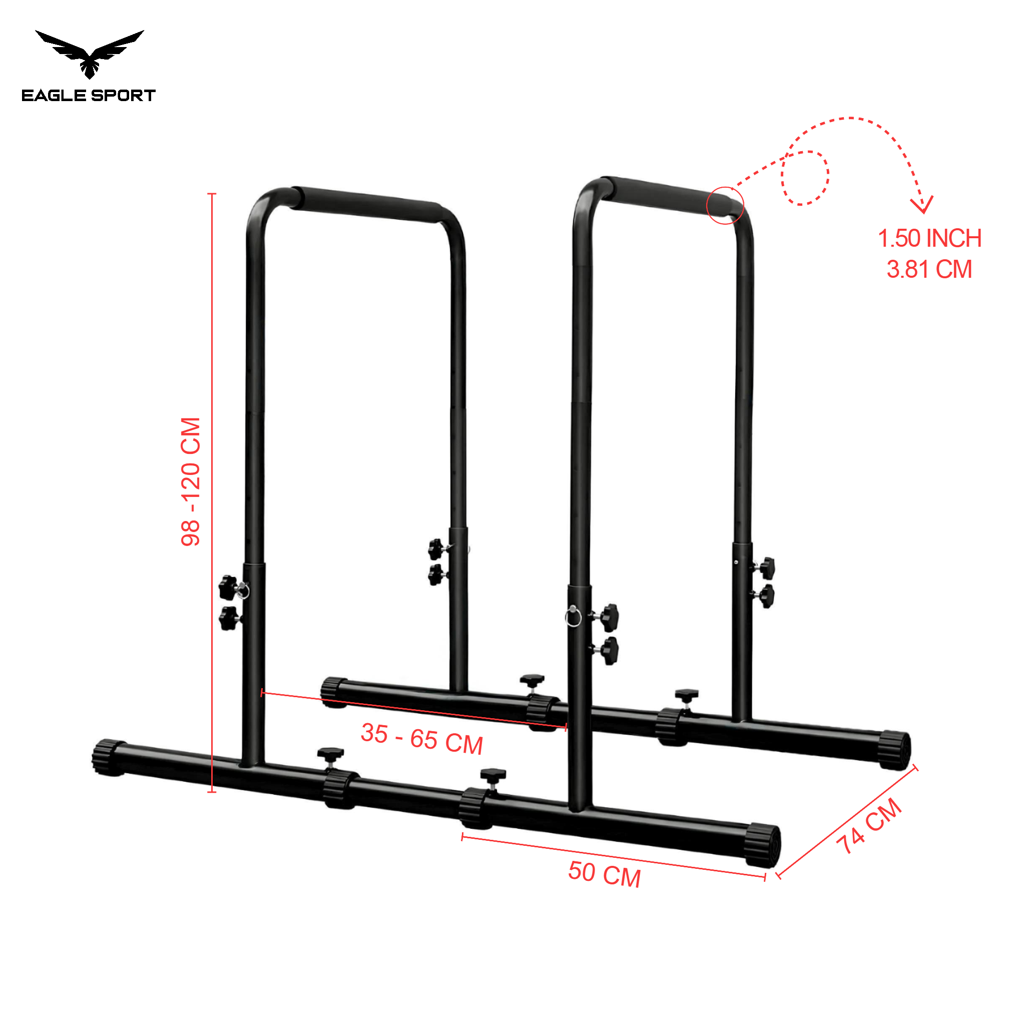 ستاند المتوازي الاحترافي مع وصلات – قابل لتعديل الارتفاع والعرض
Adjustable Height & Width Dip Station with Connectors