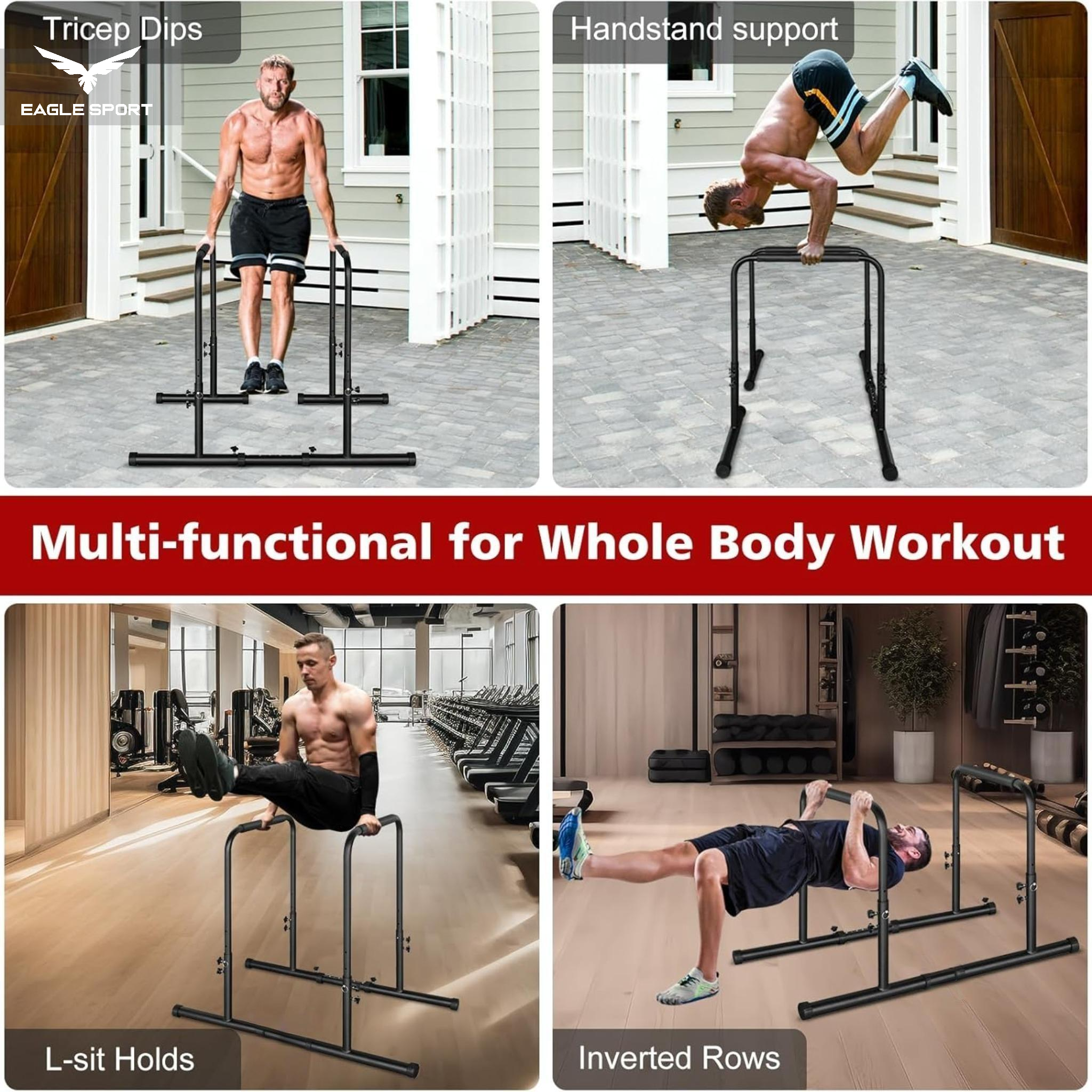 ستاند المتوازي الاحترافي مع وصلات – قابل لتعديل الارتفاع والعرض
Adjustable Height & Width Dip Station with Connectors