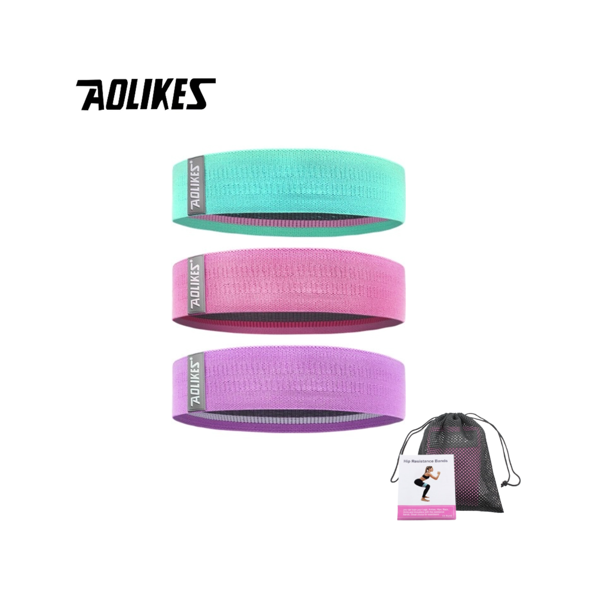 أشرطة المقاومة القماشية (Aolikes) – 3 مستويات مقاومة – تصميم مانع للانزلاق مع حقيبة حمل
Aolikes Fabric Resistance Bands – 3 Levels of Resistance – Non-Slip Design with Carrying Bag