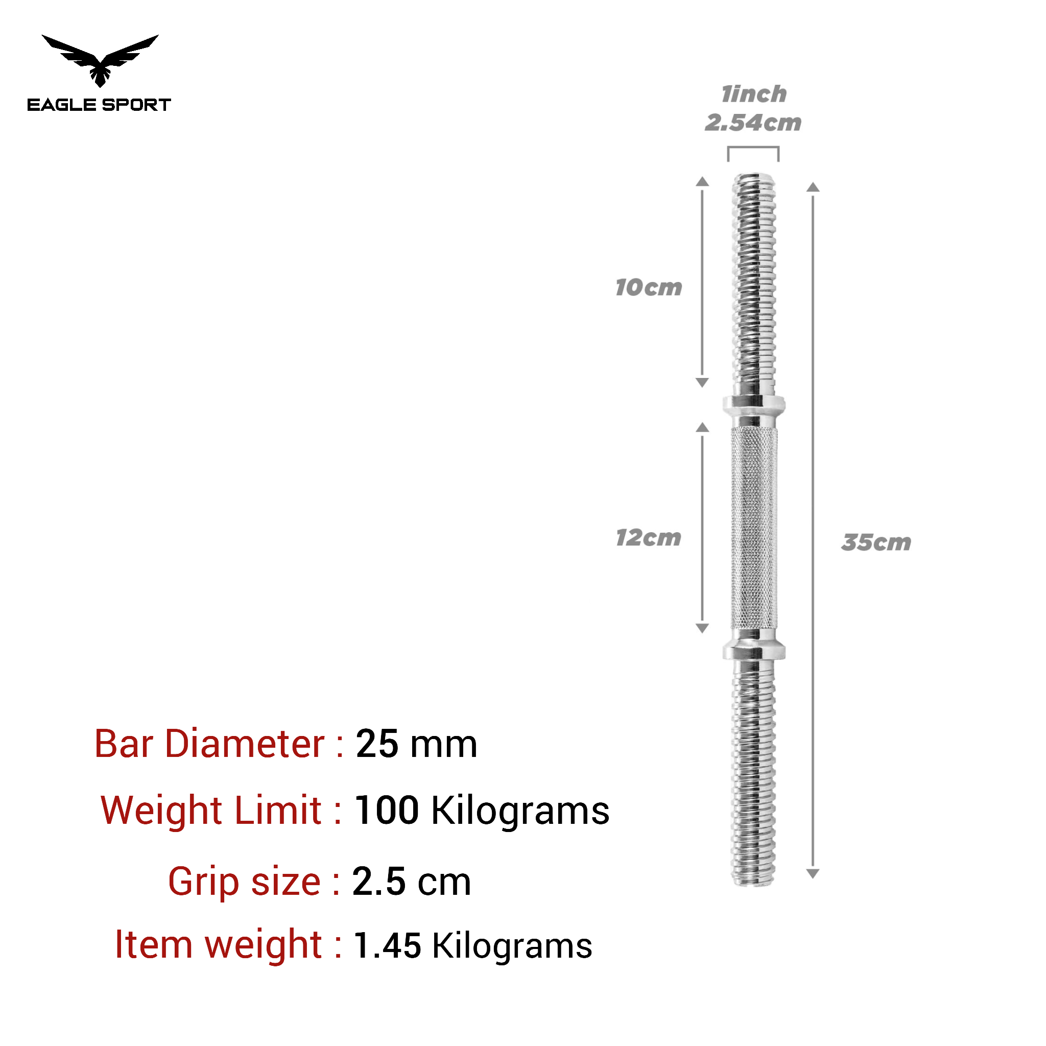 بار دمبل كروم 35 سم مع قفل تثبيت (قطعة واحدة)
Chrome Dumbbell Bar 35 cm with Spin Lock Collar (Single Piece)