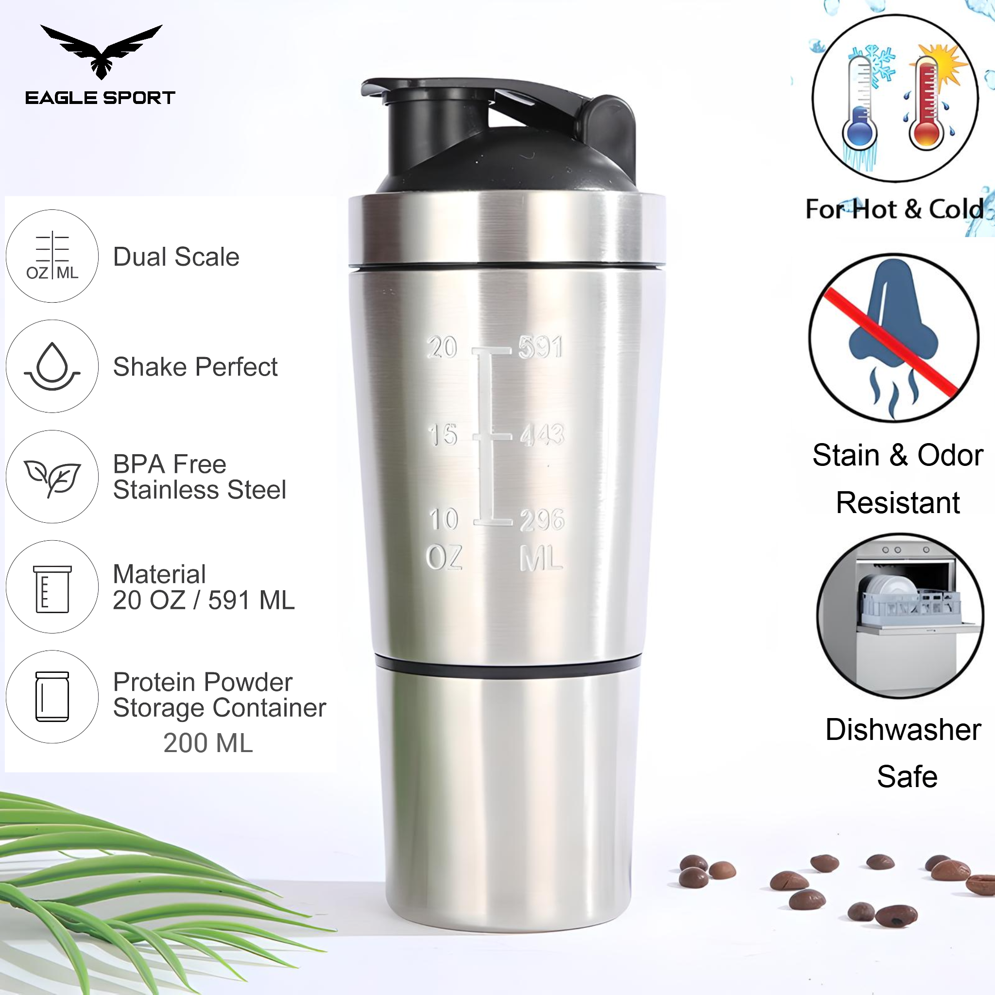 شيكر احترافي ستانلس ستيل – سعة 591 مل + حافظة 200 مل
Pro Stainless Steel Shaker – 591ml + 200ml Storage
