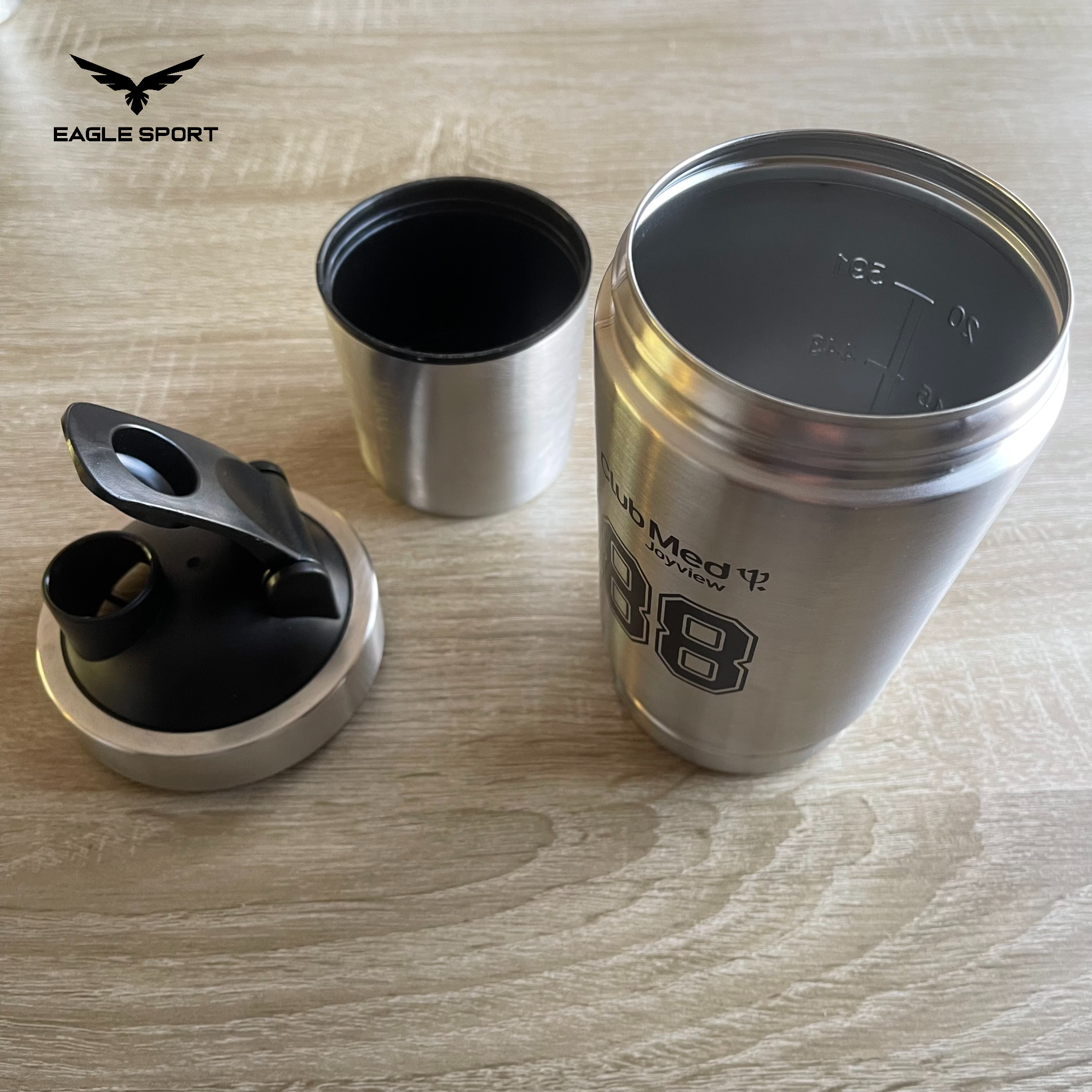 شيكر احترافي ستانلس ستيل – سعة 591 مل + حافظة 200 مل
Pro Stainless Steel Shaker – 591ml + 200ml Storage