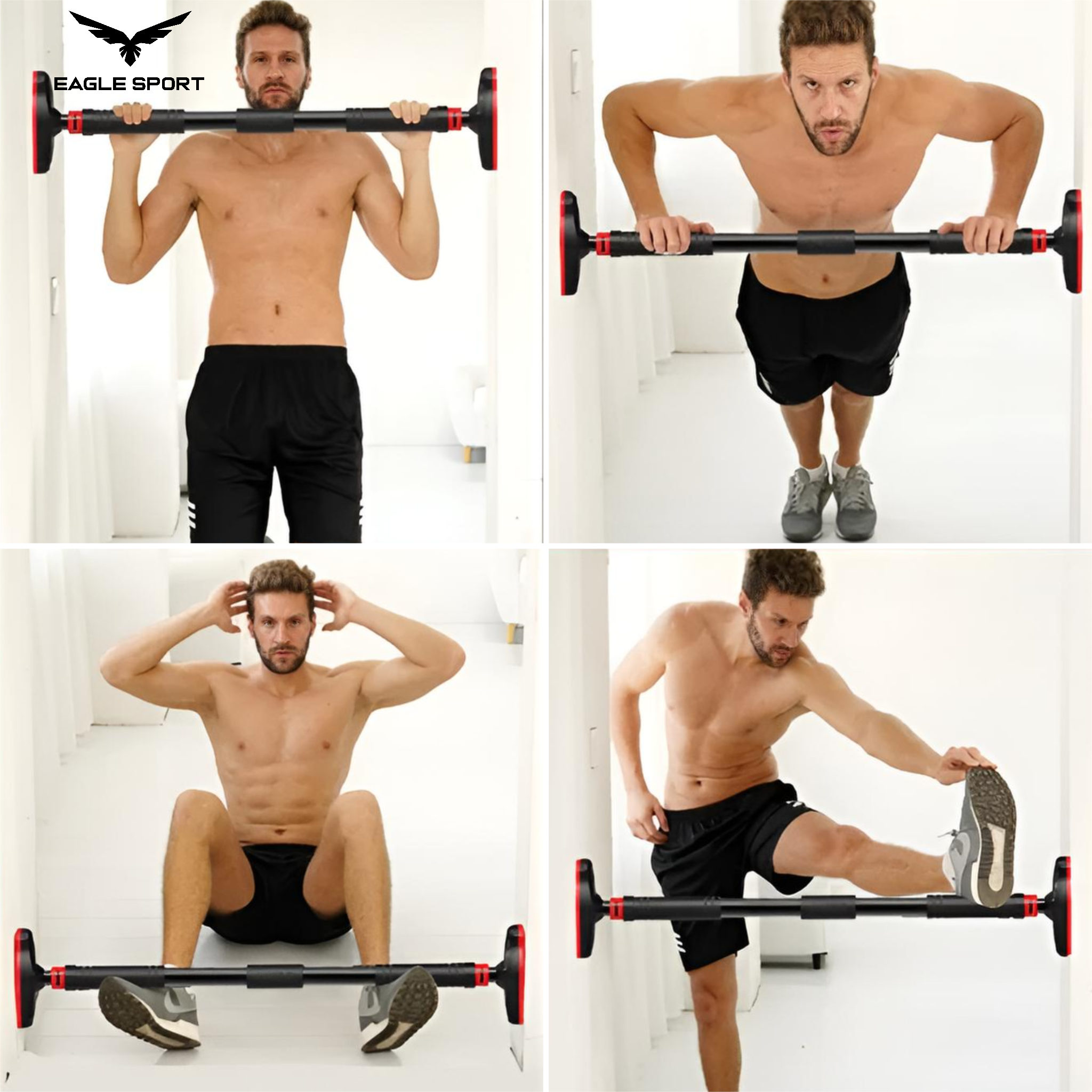 Pull-Up Bar – Adjustable 95 to 130 cm – Secure Installation Without Drilling (No Screws or Bolts Required) – Wide Base Pads