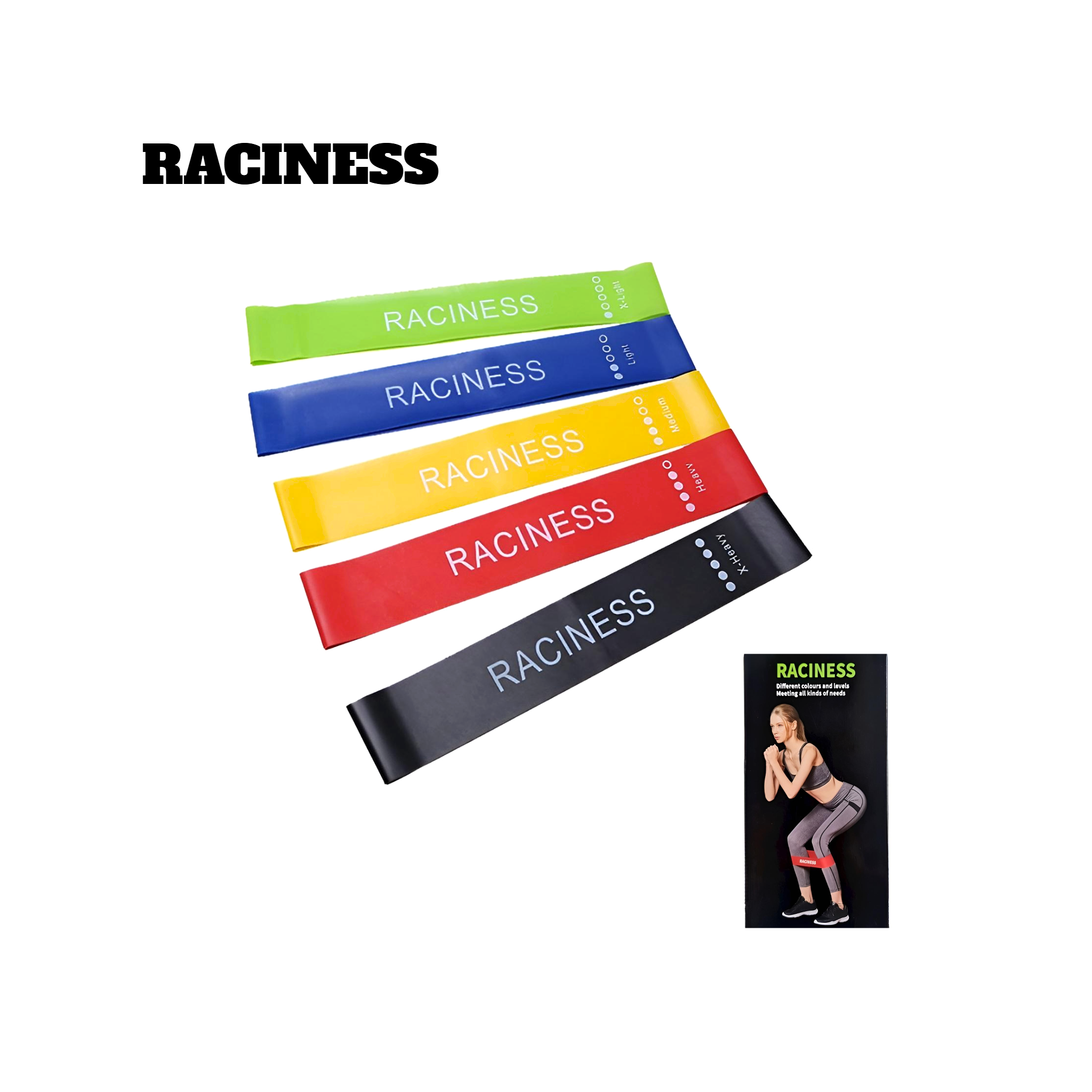 أشرطة المقاومة المطاطية (RACINESS) – طقم 5 مستويات مقاومة مختلفة
RACINESS Latex Resistance Bands – Set of 5 Resistance Levels