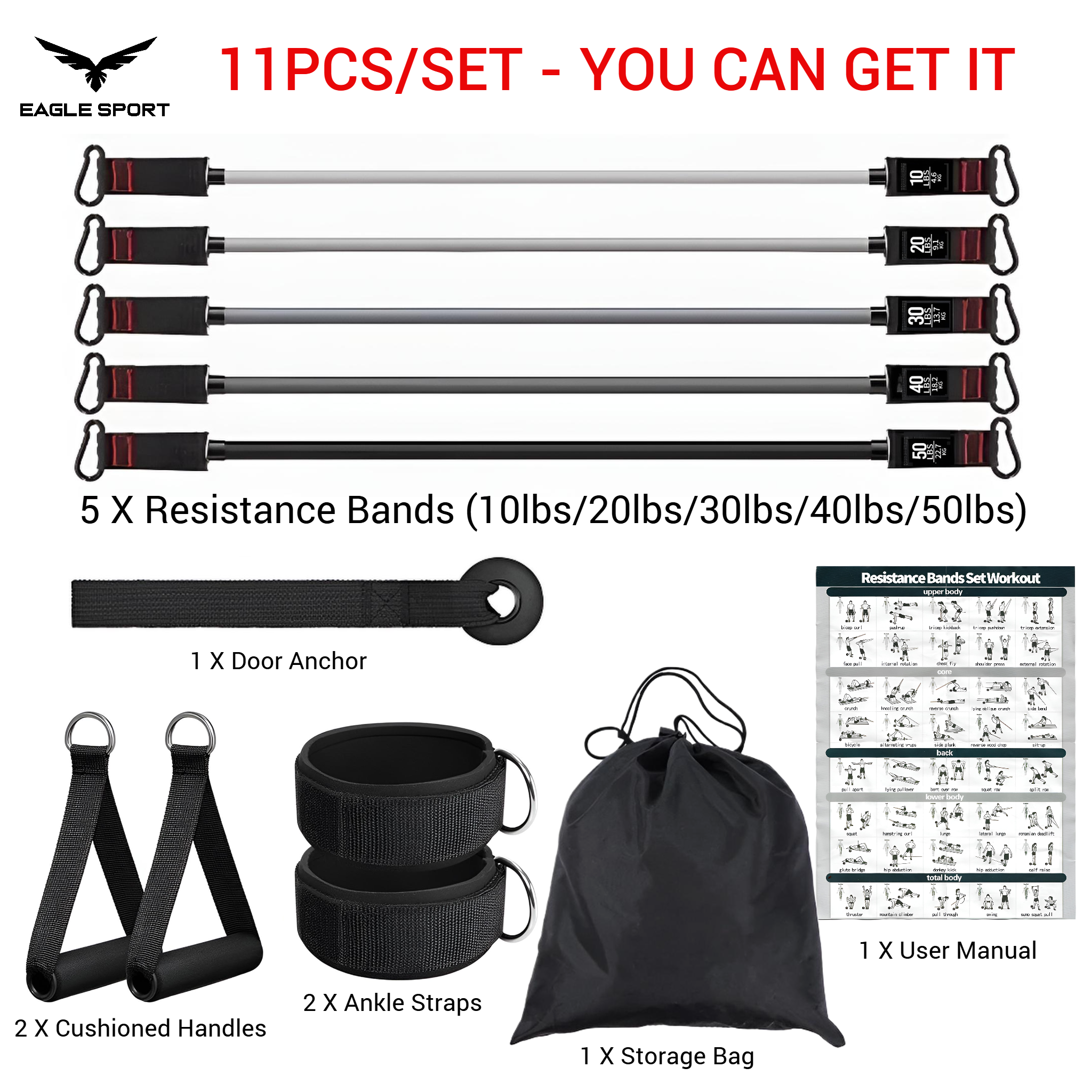 طقم حبال المقاومة الرياضية متعددة الاستخدام – 11 قطعة
Resistance Bands Training Set – 11 Pieces