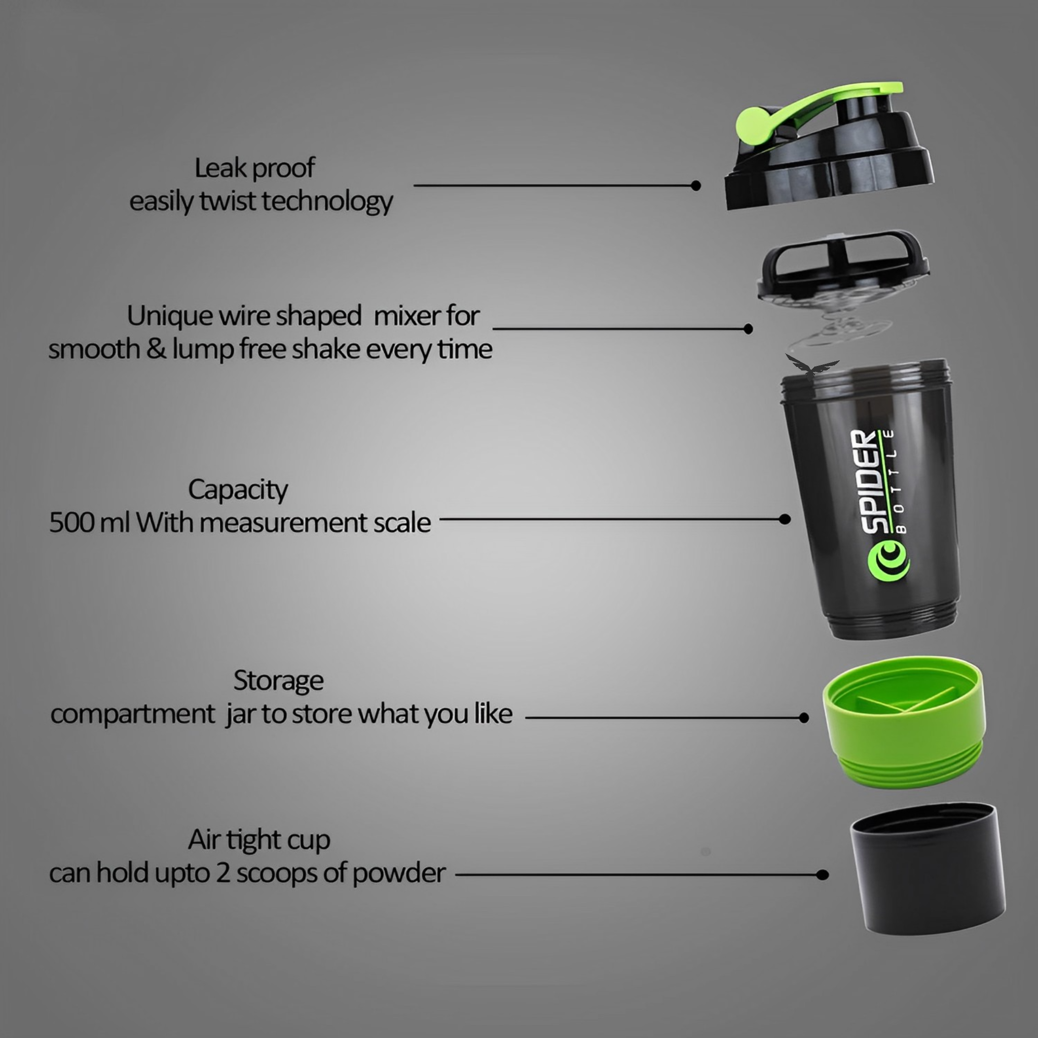  شيكر SPIDER BOTTLE – سعة 500 مل
 SPIDER BOTTLE Shaker – 500ml Capacity

