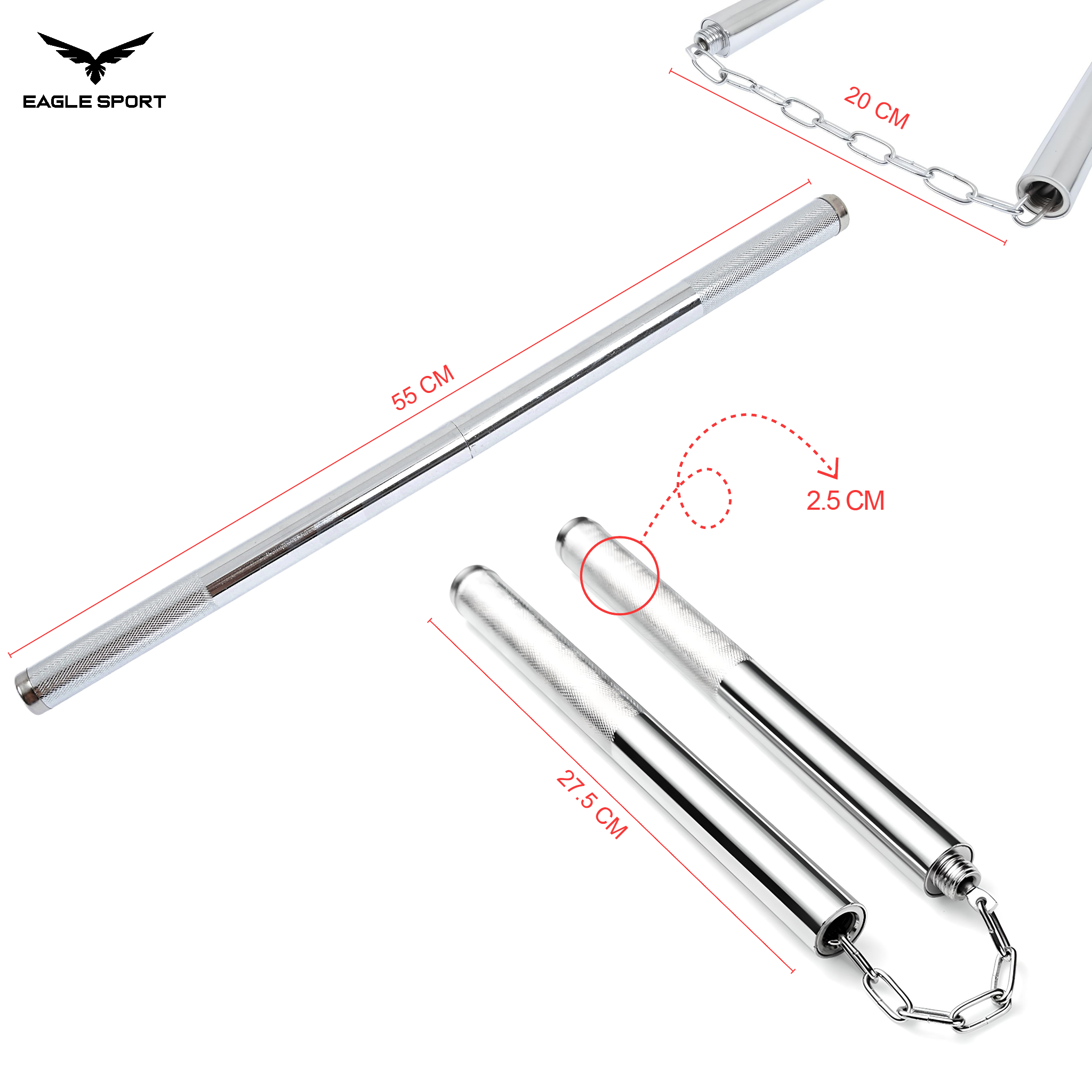 ننشاكو 2×1 من الفولاذ المقاوم للصدأ – احترافية للتدريب والفنون القتالية
Stainless Steel 2×1 Nunchaku – Professional Martial Arts Training & Self-Defense