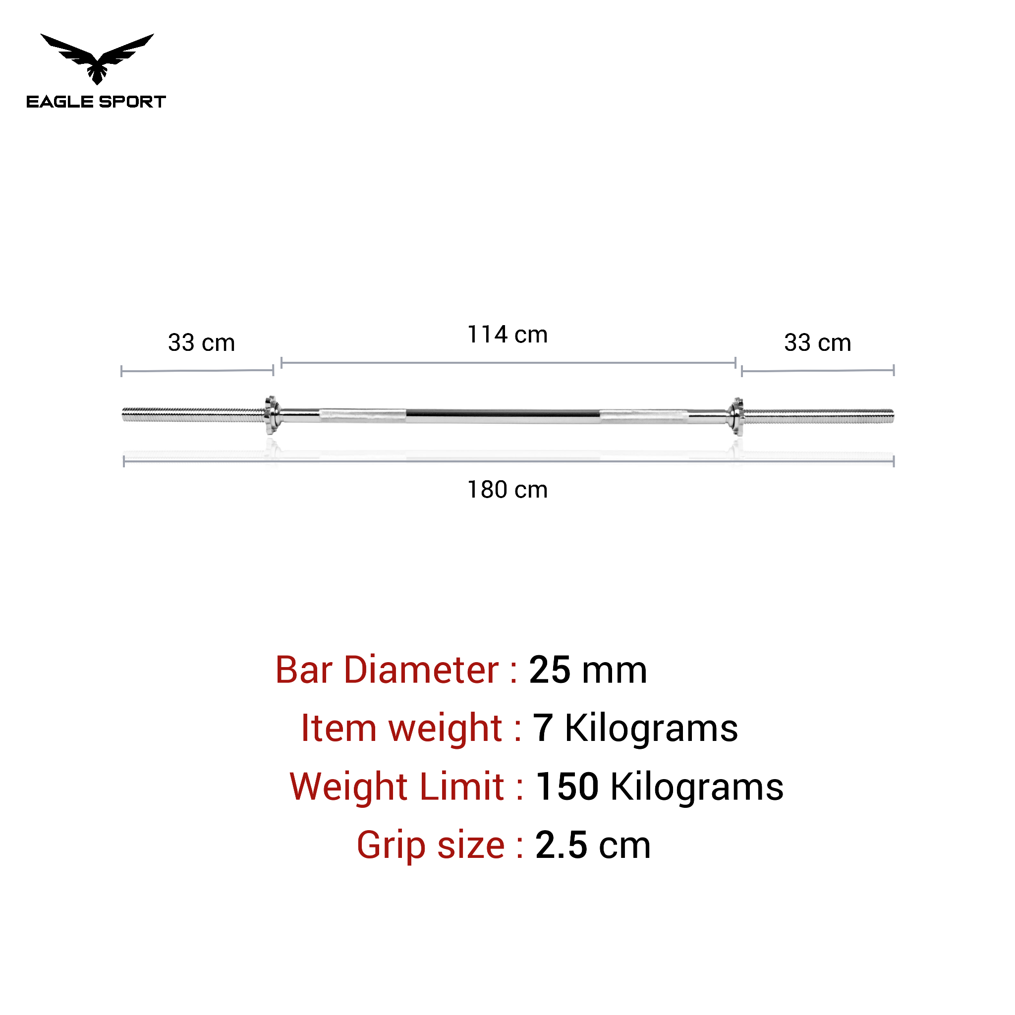Straight Chrome Barbell 180 cm with Spin Lock Collars – Heavy Duty Quality
بار مستقيم كروم بطول 180 سم مع أقفال تثبيت – جودة عالية التحمّل