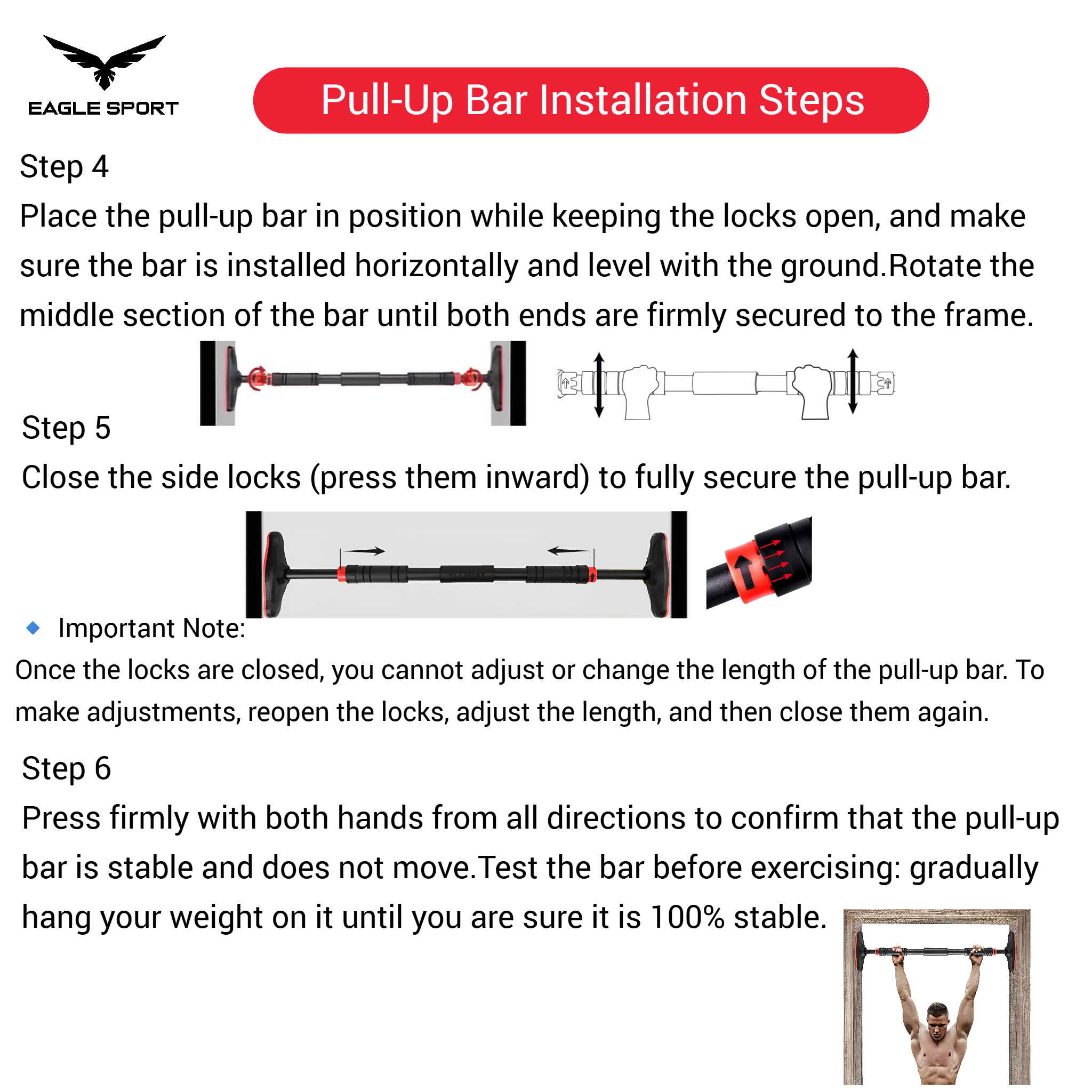 بار عقلة (Pull-Up Bar) – قابل للتعديل 65 إلى 100 سم – تثبيت آمن بدون حفر (لا يحتاج مسامير أو براغي) – بقواعد عريضة
Pull-Up Bar – Adjustable 65 to 100 cm – Secure Installation Without Drilling (No Screws or Bolts Required) – Wide Base Pads